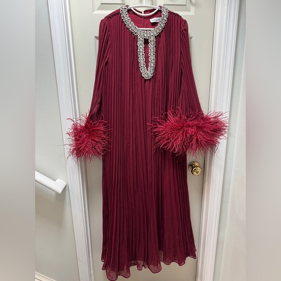 Self Portrait BURGUNDY CHIFFON FEATHER MIDI DRESS $950 NEW without tag - Picture 8 of 8